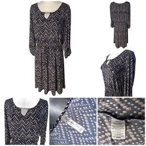 PerSeption PXL midi-dress, navy with beige/white pattern and gold accents